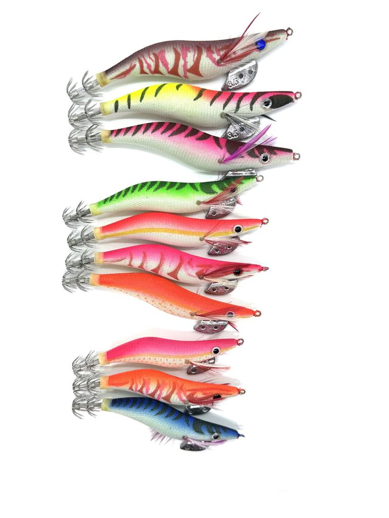 Set of 3 Luminous Colored Squid Lures and for Egging and Squid Fishing (Sizes 2.5, 3, 3.5)
