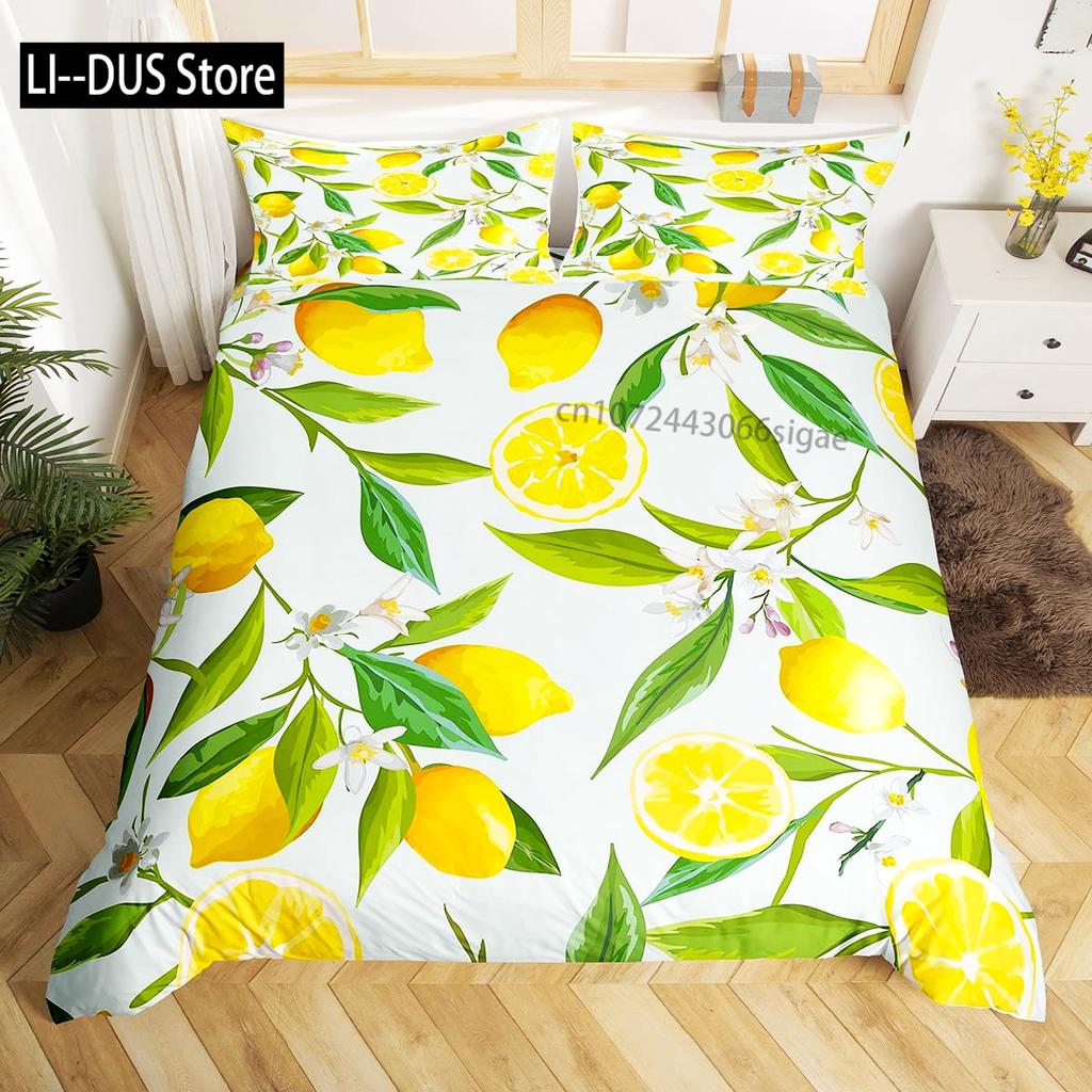 Nature Bedspread Lemon Tree Branches Gardening Design Decorative Quilted 3 Piece Coverlet Set with 2 Pillow Shams Full Size