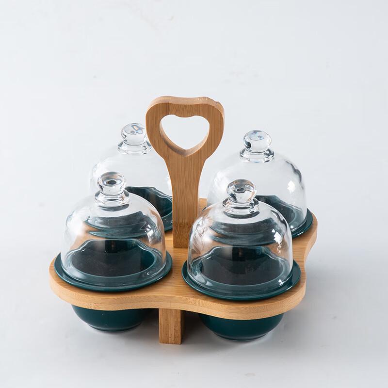 Ceramic Dessert Bowl Set with Bamboo Stand and Glass Lid
