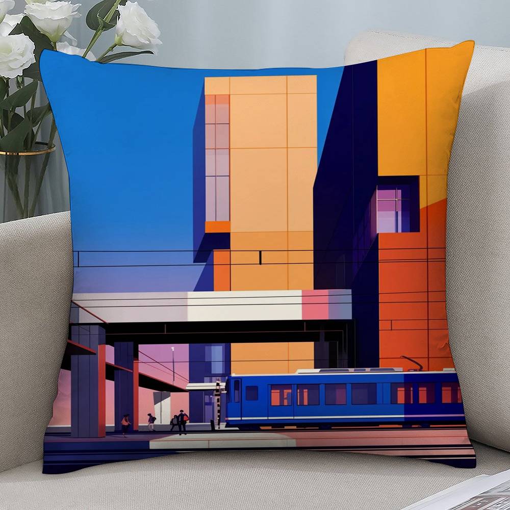Color Block Train Minimalist Style Pillow Case Short plush Double-sided Print Square Throw Pillow Covers Sofa Home Cushion Decor