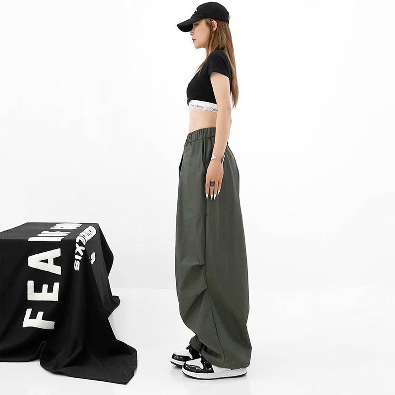 American Street Dance Hip Hop Quick Drying Drawstring Cargo Pants Jazz Women New Solid High Waist Pocket Loose Straight Trousers