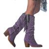 Fashion Women's Vintage Tassel Knee High Boots Autumn Faux Suede Square Heels Western Boots Women Pointed Toe Short Booties Plus Size 43
