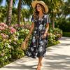 Women's Casual V Neck Waist Cinched Floral Print Short Sleeve Midi Dress Lightweight Comfortable Fabric Summer Dress