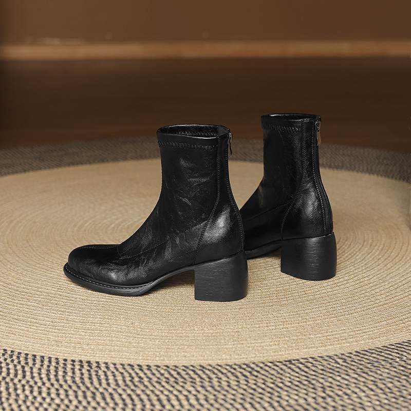 Krazing Po Microfiber Winter Round Toe Size 33 Western Boots Size 43 Zipper Thick High Heels Pleated Decoration Ankle Boots