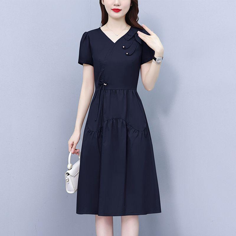 

Элегантное и модное летнее платье для женщин, тонкая талия, высококачественный дизайн, длина миди, стильное, скрывающее живот XXL темно-синий