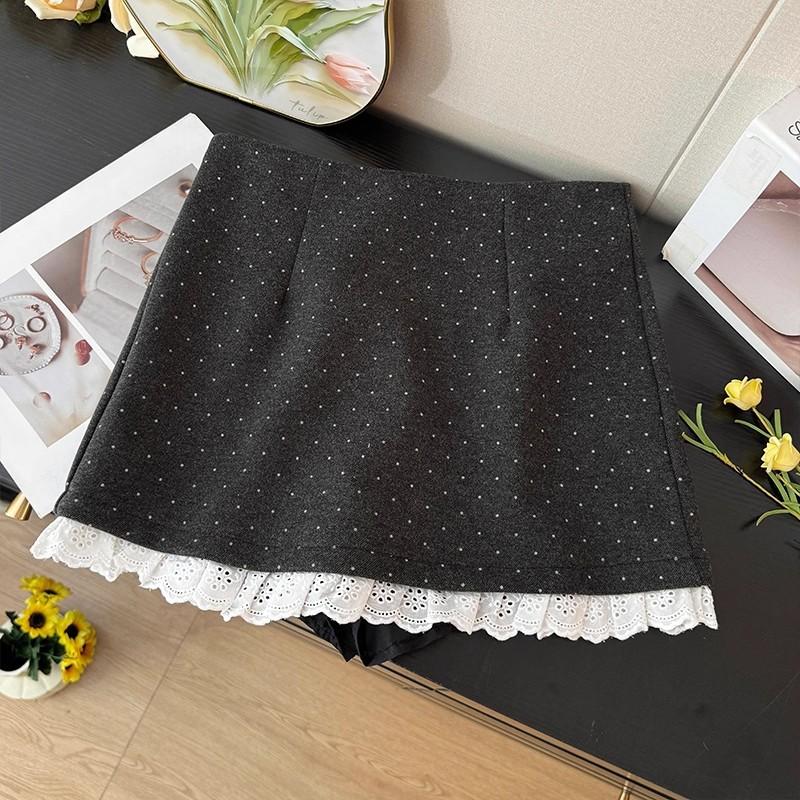 Women's High Waist A-Line Mini Skirt Polka Dot Lace Patchwork Pencil Blazer Skirt