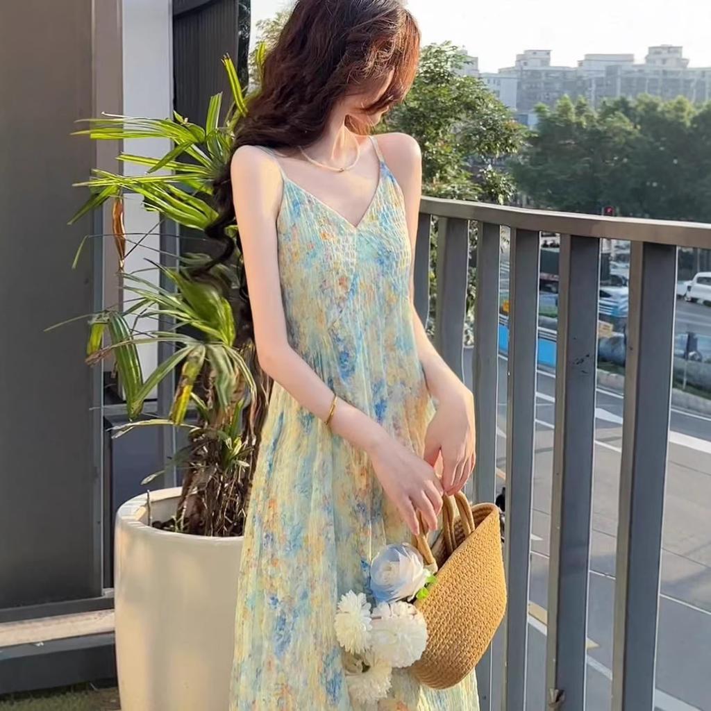 French v-neck floral suspender dress children's summer new seaside vacation style wear temperament dress