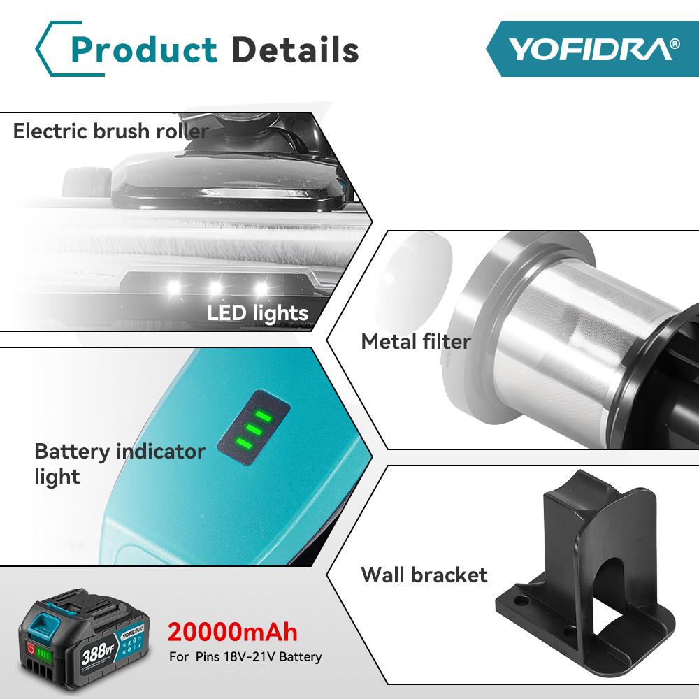 Yofidra Odkurzacz bezszczotkowy 1800W 30KPa 1,5L Przenośny Mocne Ssanie Domowe Narzędzia do Czyszczenia Dla Akumulatora Makita 18V Pin