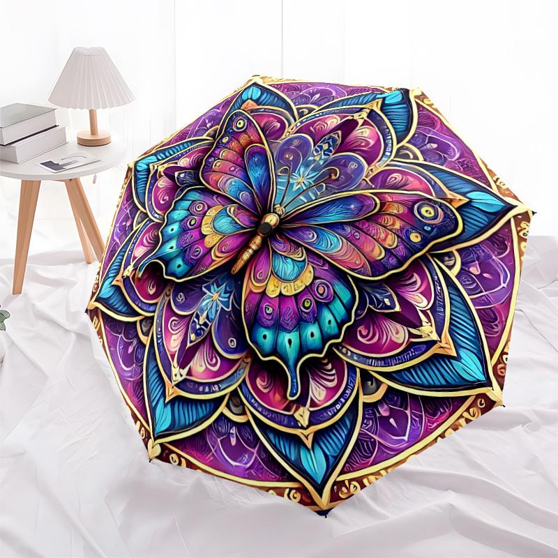 1pc Butterfly Mandala Artwork Auto-Fold Umbrella with One-Touch Open/Close - 8 Reinforced Ribs for Windproof Stability, yy251118156