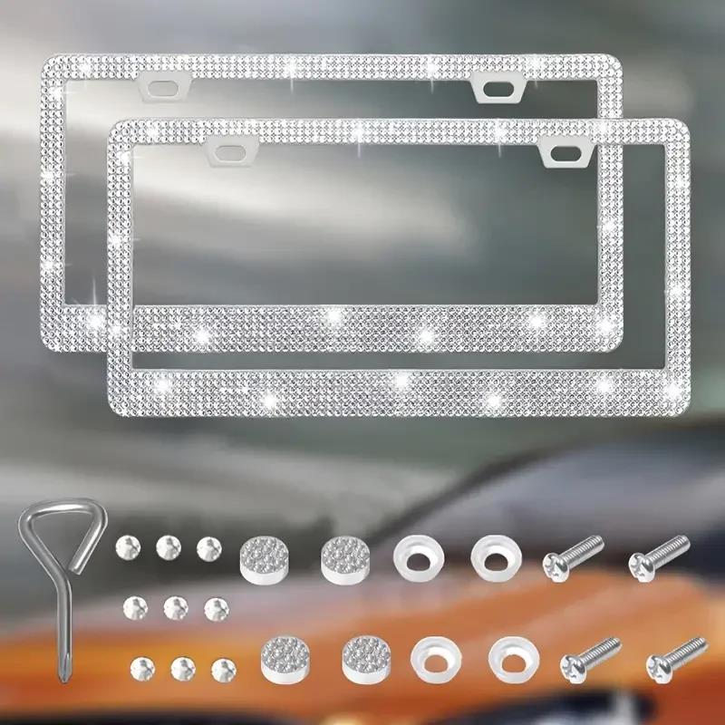 NEW Bling Crystal Car License Plate Frame Women Rhinestone License Plate Frame Cover Holder Car Accessories with Screw 31*16cm License Plate Covers