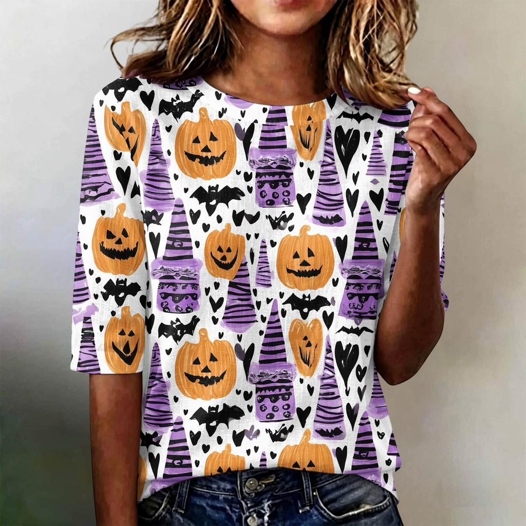 Women's Casual Loose Fit Half Sleeve Top Round Neck Lightweight Comfortable Halloween Pumpkin Print Shirt for Everyday Wear