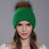 New Natural Raccoon Fur Pompom Knit Hat For Women Warm Angora Rabbit Bonnet Women's Winter Fleece Hats Casual Female Caps