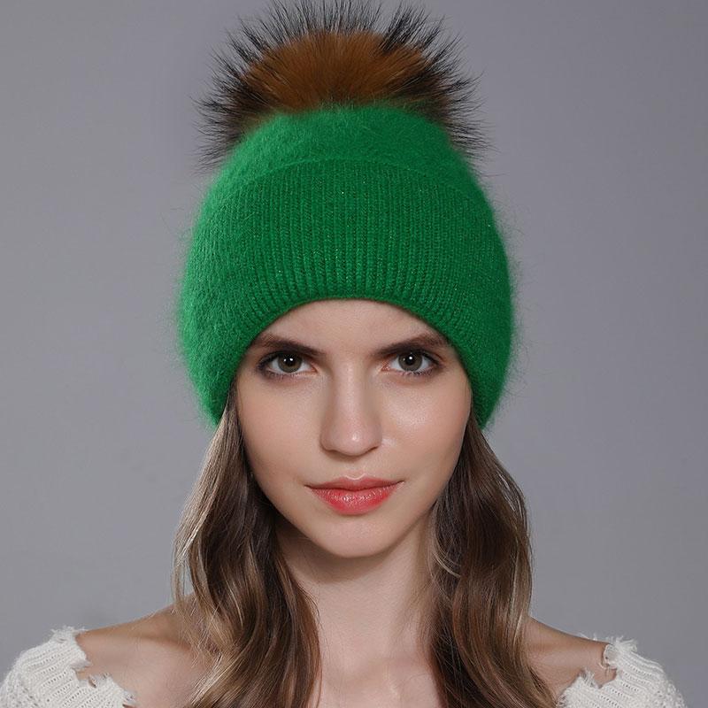 New Natural Raccoon Fur Pompom Knit Hat For Women Warm Angora Rabbit Bonnet Women's Winter Fleece Hats Casual Female Caps