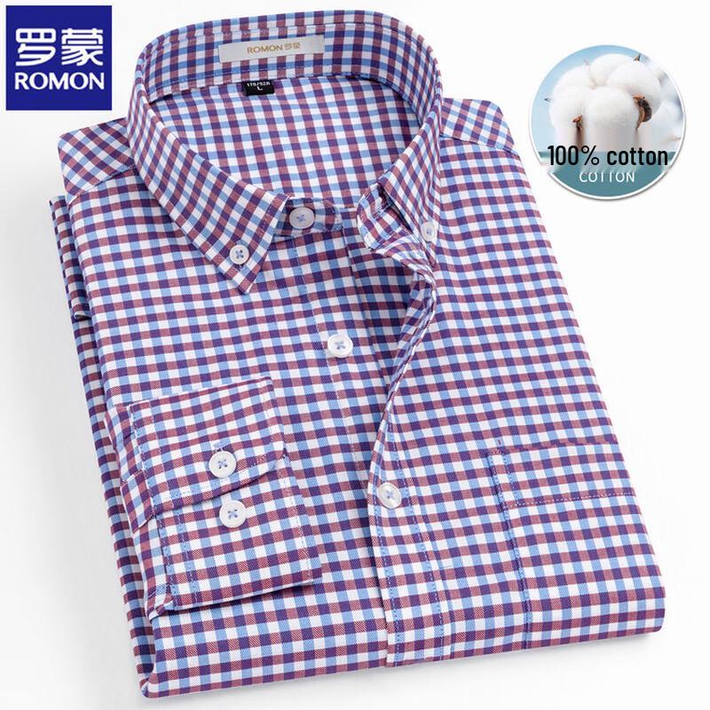 Romon Men s Oxford Plaid Long Sleeve Shirt M