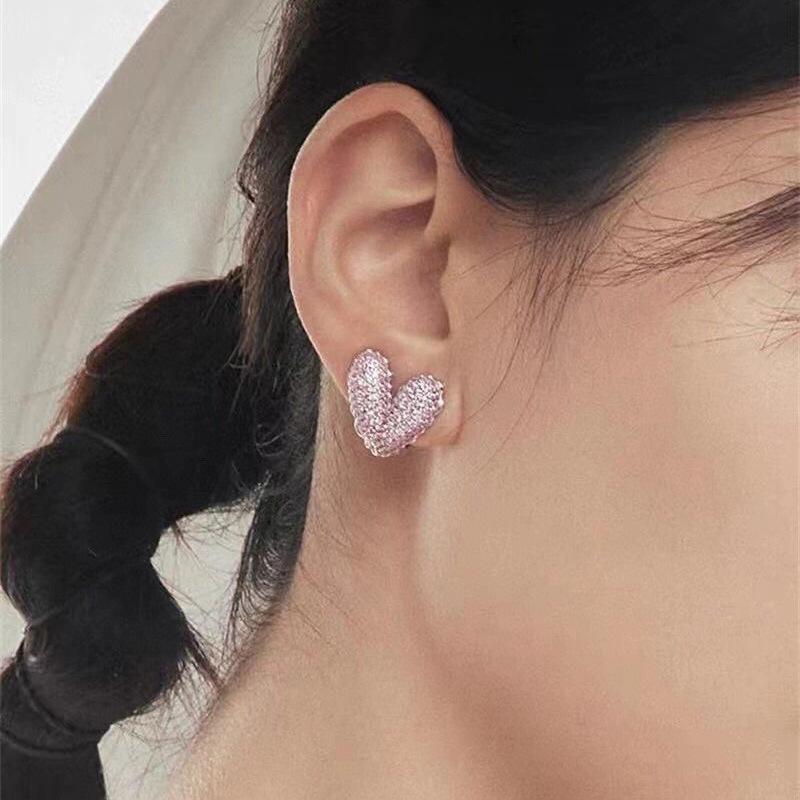 HEFANG Tulip Sterling Silver Heart Stud Earrings with Full Diamond and Epoxy Design.