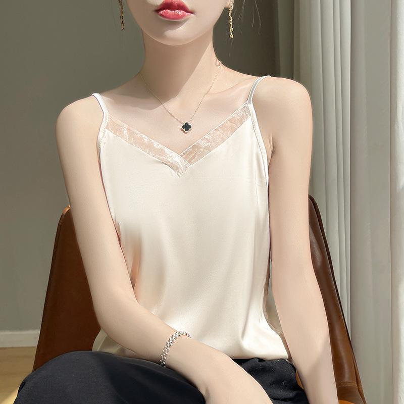 Silk Satin Women's Sleeveless V-Neck Mesh Spliced Camisole Vest - 2026 Spring/Summer Collection