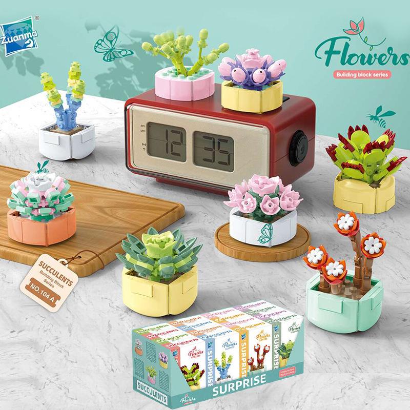 Educational Small Particles Mosaic Building Block Flower Simulation Tang Yin Succulent Potted Plant Compatible With A High Building Block Model Toy
