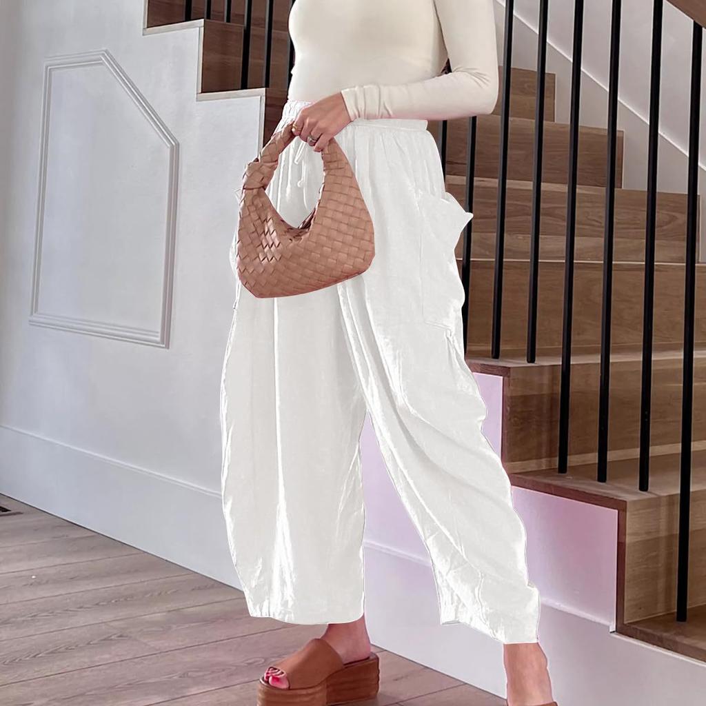 2026 Casual Lightweight Wide Leg Linen Pants Beach Palazzo Harem Trousers Women‘s Linen Wide Leg Pants Casual Loose Beach Palazzo Harem Pants