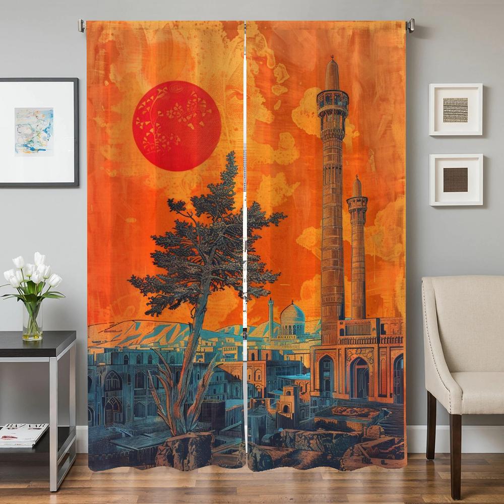 Kitchen Curtains for Living Room 2 Pieces Blackout Curtains Door Curtain Ancient Architecture Partition Bedroom Decoration Shade