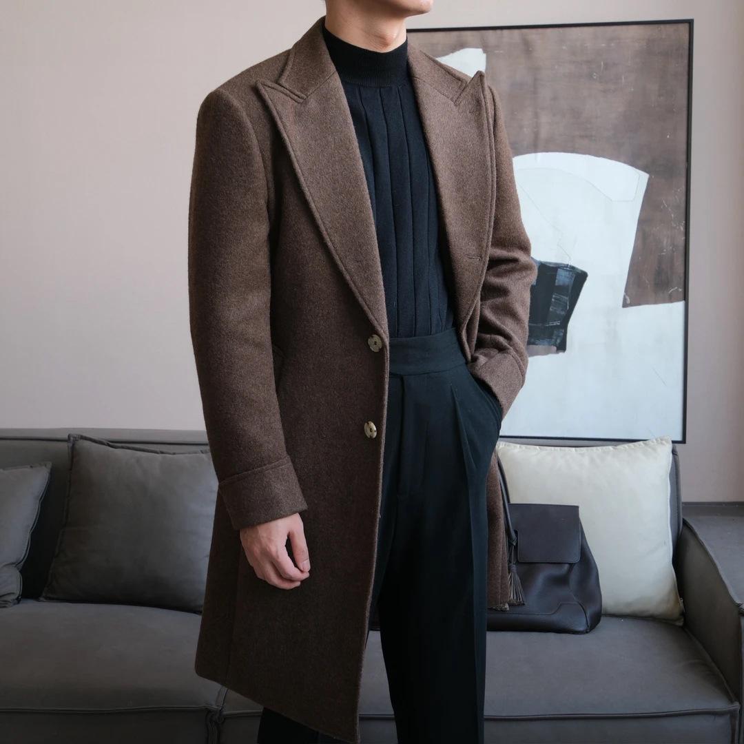 Мужское пальто Честерфилд Ruishen: Однобортное, с заостренными лацканами, длинное, ретро, деловой кэжуал, верхняя одежда для осени/зимы. Large