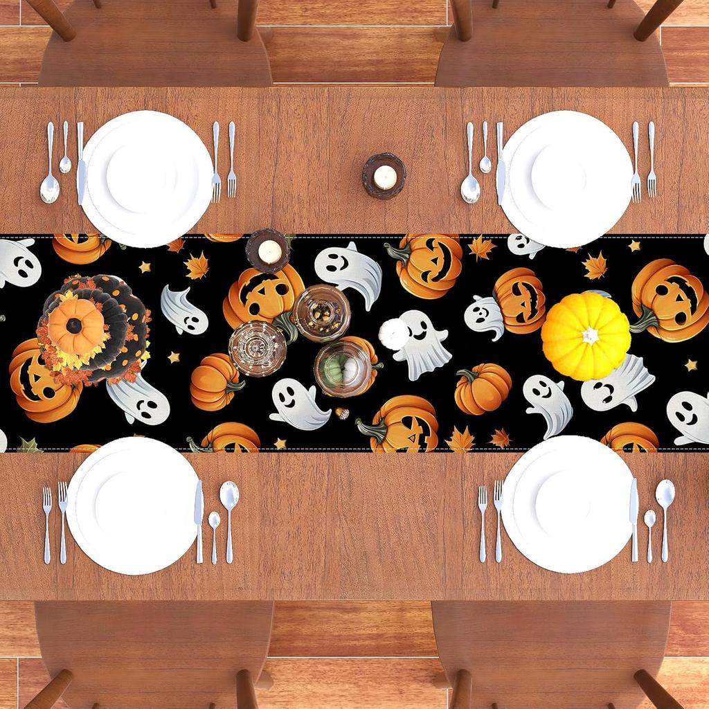 Halloween Ghost Pumpkin Table Runner,Halloween Dinner Table Runner Decorations and Supplies for Home Kitchen Dining Room Table-13×72''