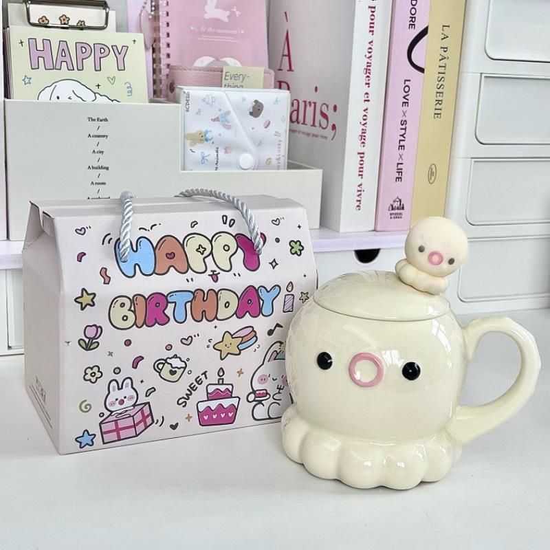 Give girls birthday gifts, high-value octopus ceramic cups, cute mugs with lids, girlfriends' souvenirs, gift boxes.