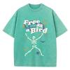 Street Women Washed T-Shirts Free As Bird Skeleton Man Printed Tee Shirts Comfortable Cotton Oversize Tees Summer Clothes
