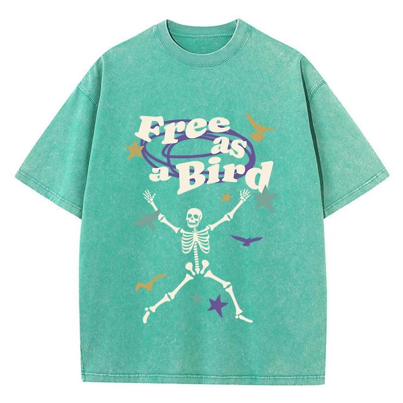 Street Women Washed T-Shirts Free As Bird Skeleton Man Printed Tee Shirts Comfortable Cotton Oversize Tees Summer Clothes