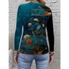 Women's Turquoise Floral Print Long Sleeve T-Shirt Polyester Crew Neck Blouse, Botanical Top for Spring