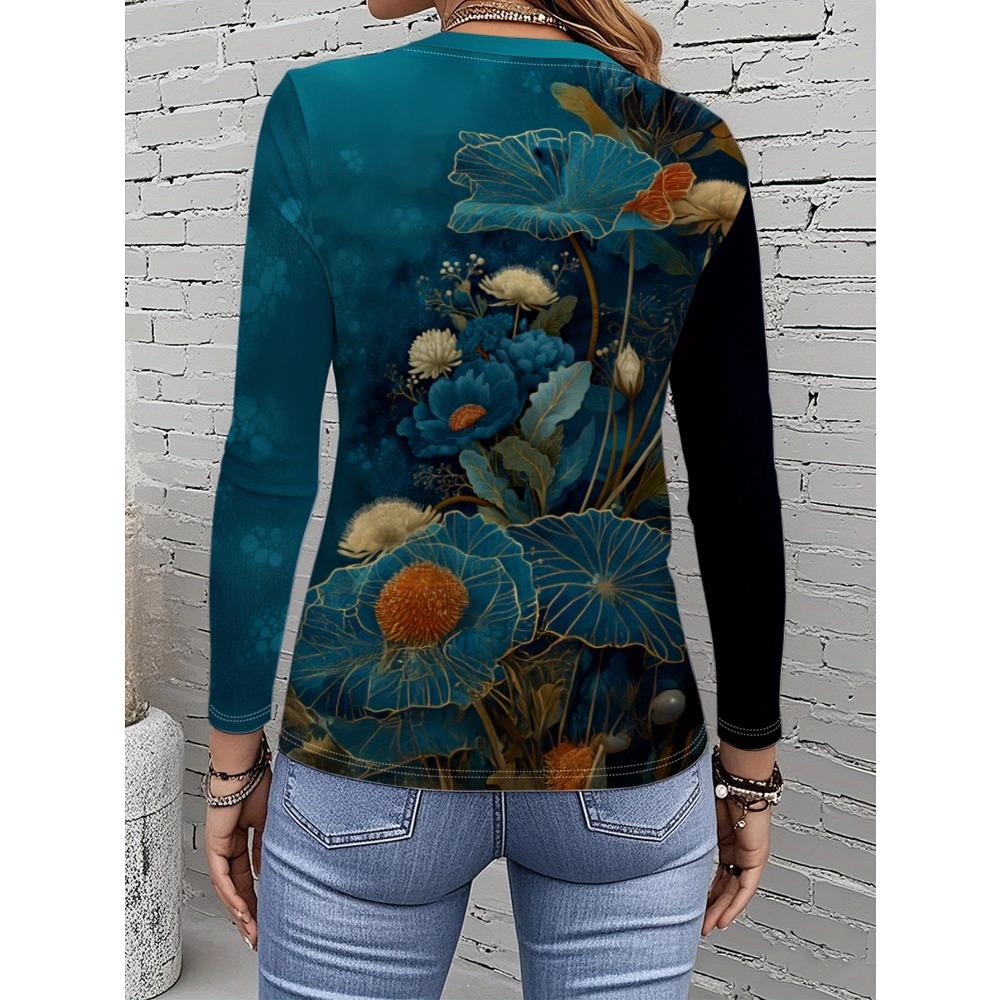 Women's Turquoise Floral Print Long Sleeve T-Shirt Polyester Crew Neck Blouse, Botanical Top for Spring