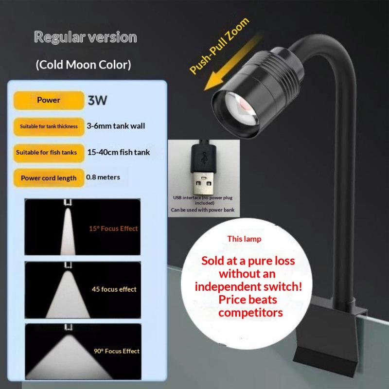 1 ks Zoomovatelná LED lampa pro akvárium 3W Jihoamerické akvarijní bodové světlo pro Aquascape dekorace Bodové osvětlení