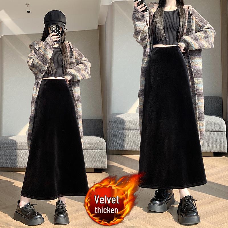 

High-Grade Velvet Slim-Fit Midi Skirt: Women s Winter A-Line, Elastic Waist, Hip-Hugging, Warm, Versatile Large