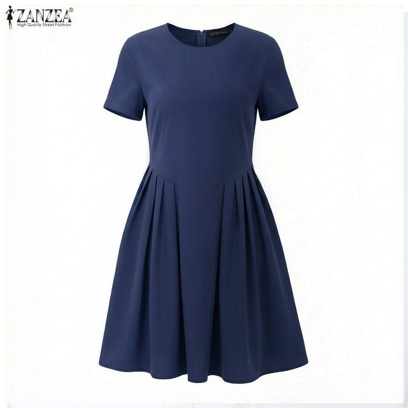 ZANZEA Women Casual Round Neck Solid Color Short Sleeve Dress