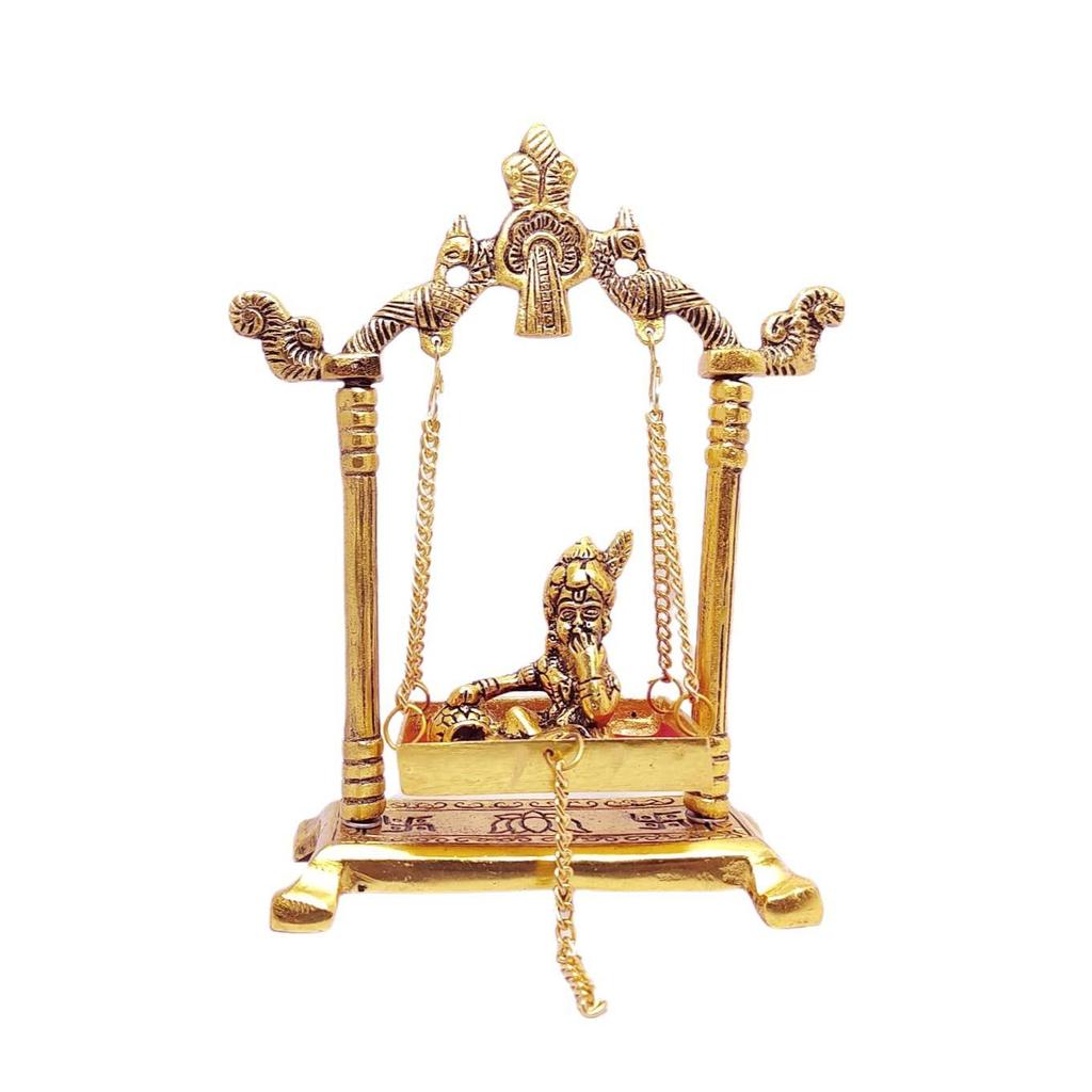 Laddu Gopal On Jhulla Palana Metal Statue Gold Plated Decor Your Home,Office Metal Krishna Murti,Showpiece Figurines,Religious Idol Gift Article.