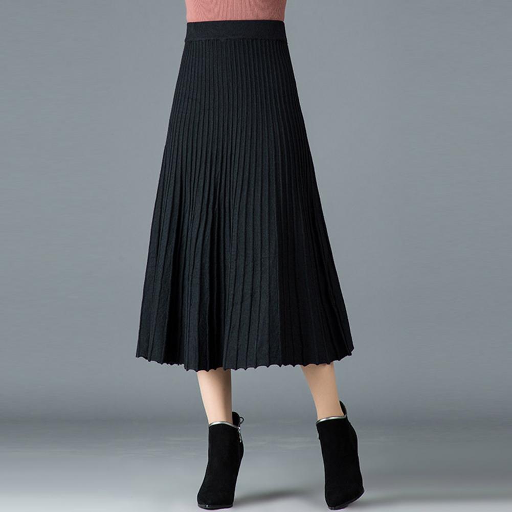 Women Pleated Skirt Elastic High Waist A-Line Midi Solid Color Mid-calf Length Skirt Thickened Commuting Style Skirt