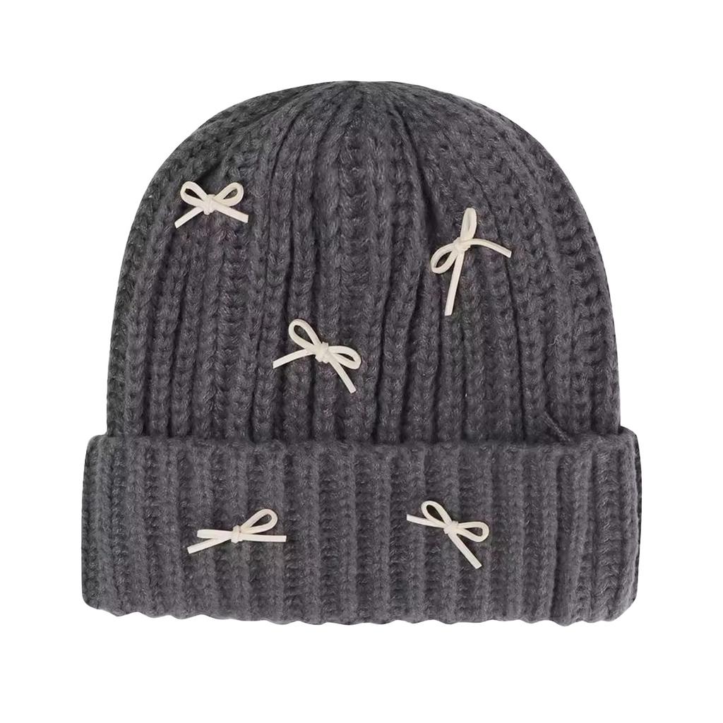 Korean Version Simple Solid Color Bow Plush Hat for Women In Autumn and Winter New Thickened Warm and Cold Proof Knitted Head Hat