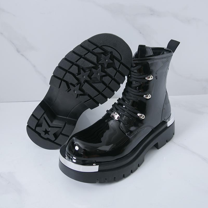 Men’s Thick Sole Platform Punk Patent Leather Boots Elevator Street Style Big Head Motorcycle Boots High Boots Plus Size