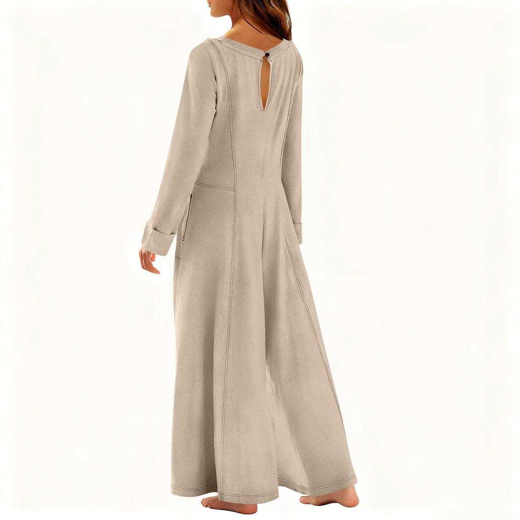 Women's Fashionable Casual Round Neck Long Sleeved Pocket Casual Loose Wide Leg Jumpsuit