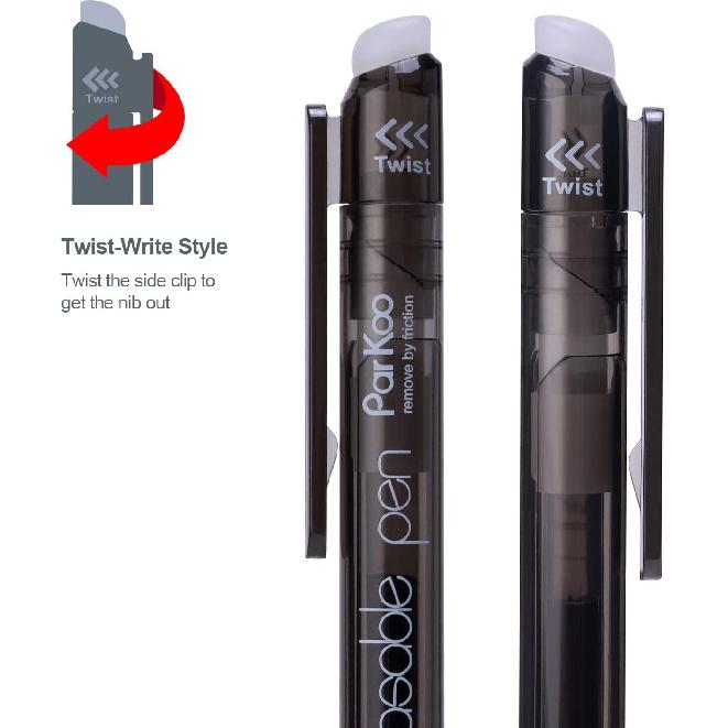 ParKoo Retractable Erasable Gel Pens 0.7mm, 12 Black Twist Pens Fine Point, Make Mistakes Disappear, Smooth Writing with Comfortable Grip for