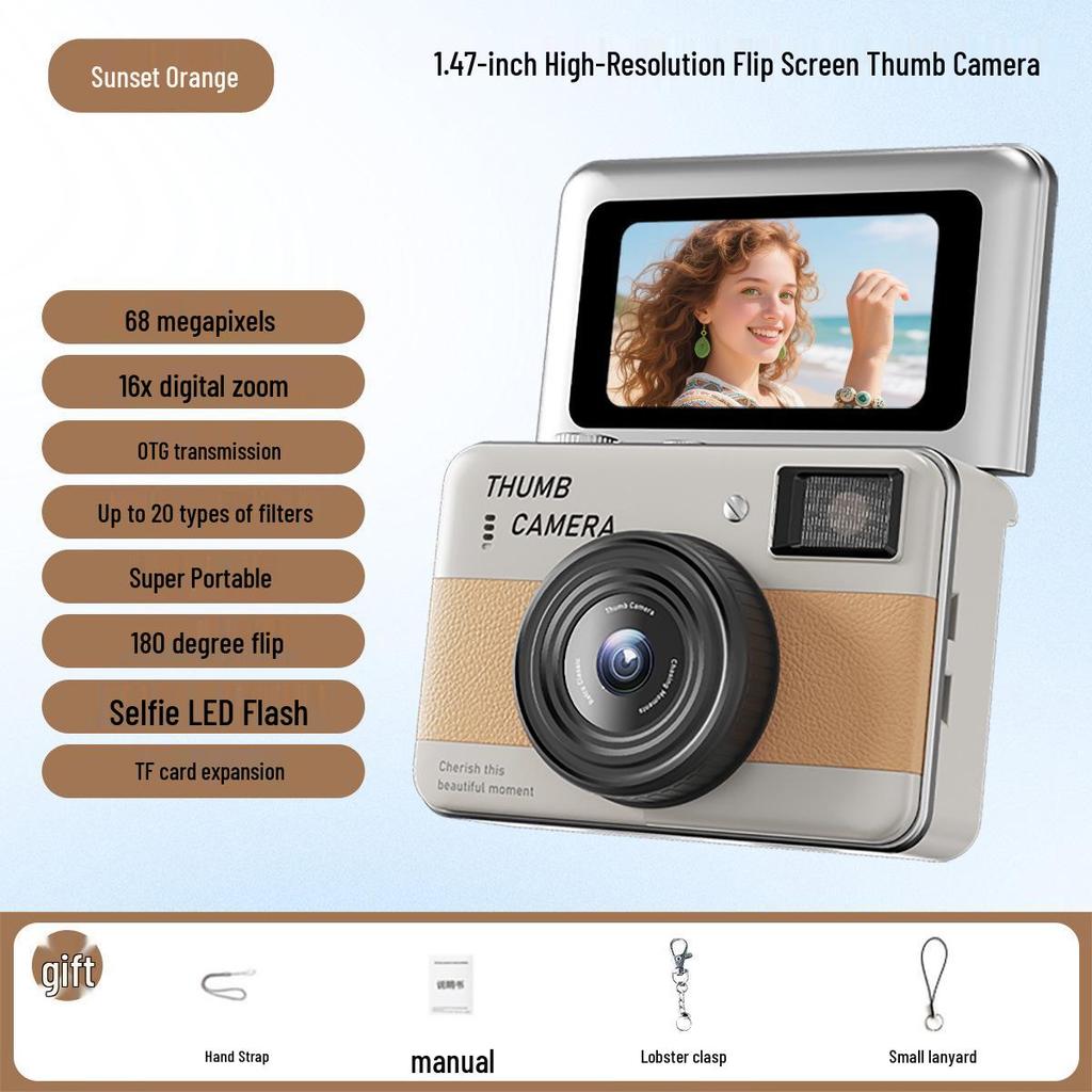 Retro Flip Screen Mini Camera for Students - Portable HD Photo & Video Recorder with Lanyard