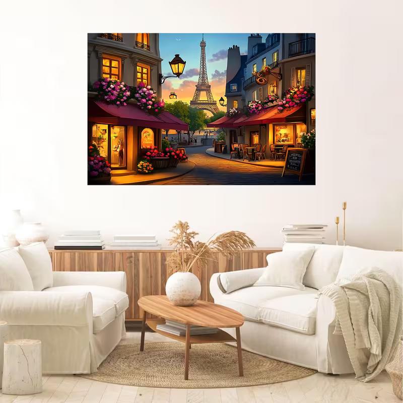 2D Romantic Parisian Sunset Street Party Decoration Background