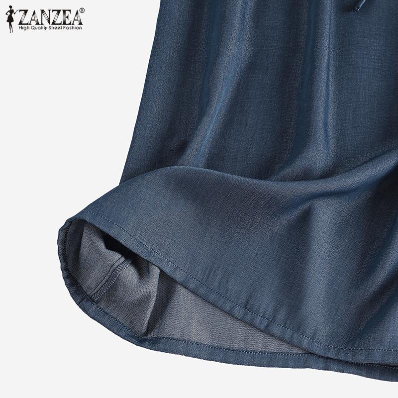 ZANZEA Women Retro Casual Blue Denim Short Sleeve V-neck Midi Dress