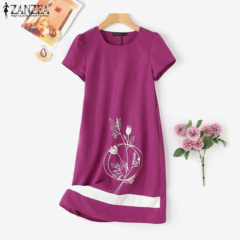 ZANZEA Women Casual O-neck Short Sleeve Floral Embroidery Dress