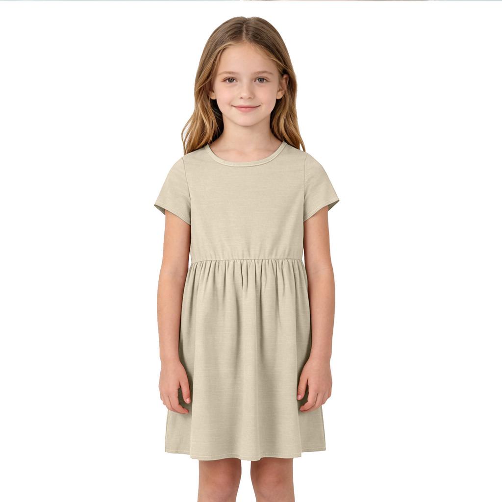 Girls Short Sleeve Dress Casual Loose Fit Breathable Cotton Linen Blend Summer Dress with Gathered Waist and Round Neck for Daily Wear