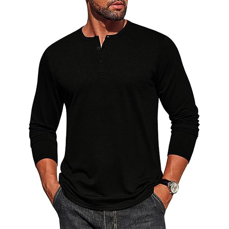 

Autumn Men s Henley Shirts Long Sleeve Casual Pullover T-Shirts Spring Solid Cotton Fashion Basic Button Tee Shirts M чёрный