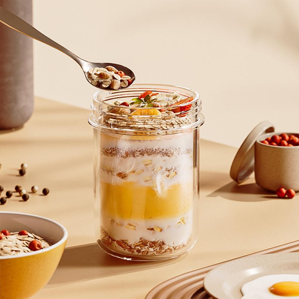 2pcs 430ml Glass Jar with Spoon Overnight Oats Cup Smoothie Cereal Breakfast Mug (Gray+Yellow)