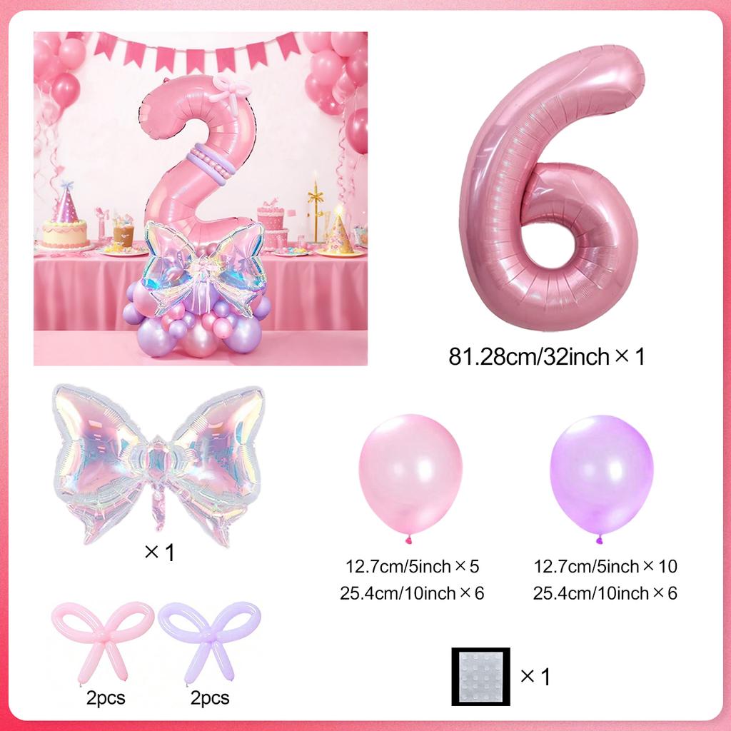 Rainbow Transparent Colorful Bow Balloon Set with 32 inch Pink Digital Balloon 0-9 for Anniversary Birthday Party Decoration