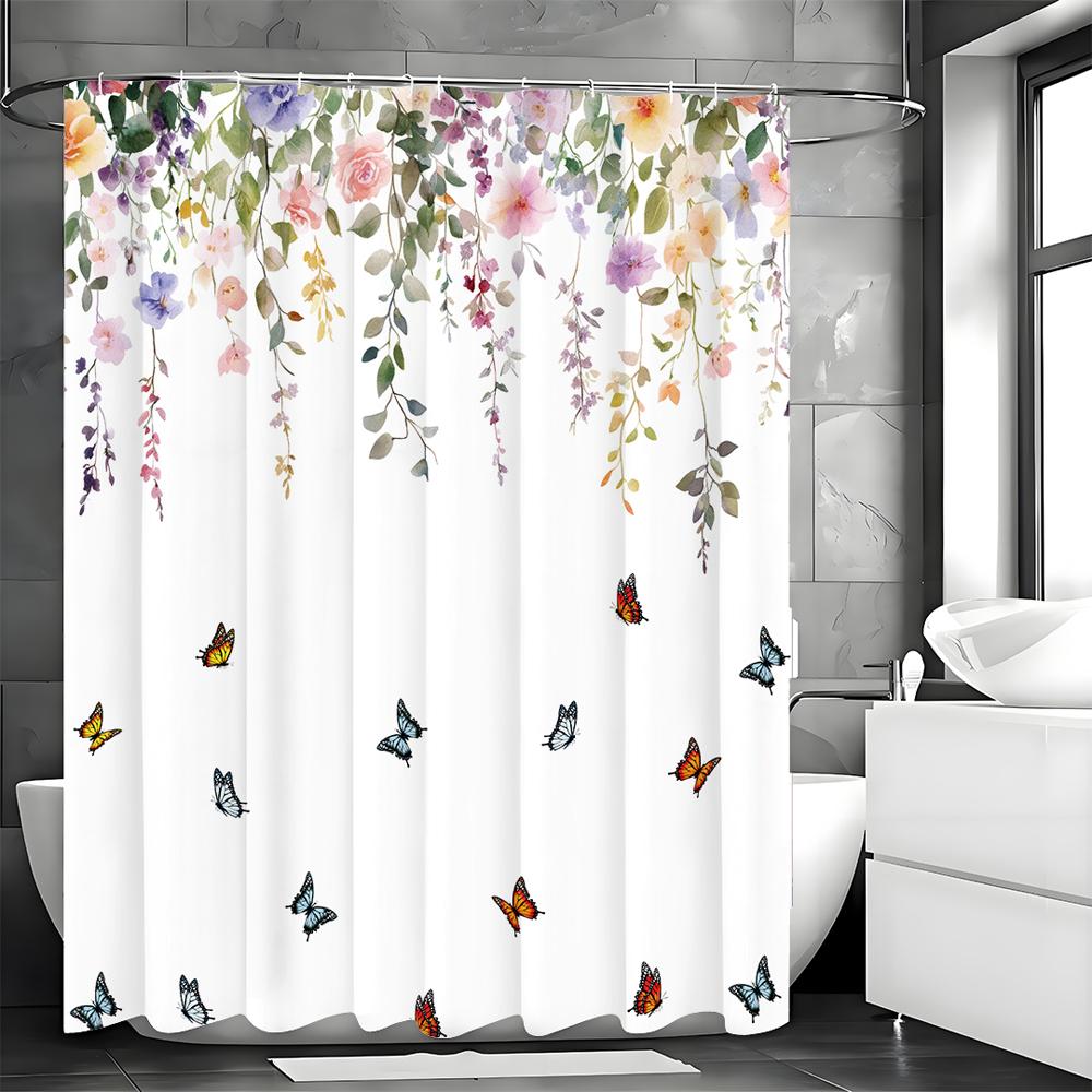 Spring Butterfly Flower Shower Curtain, Bathroom Decorative Shower Curtain, Waterproof Shower Curtain with Hooks