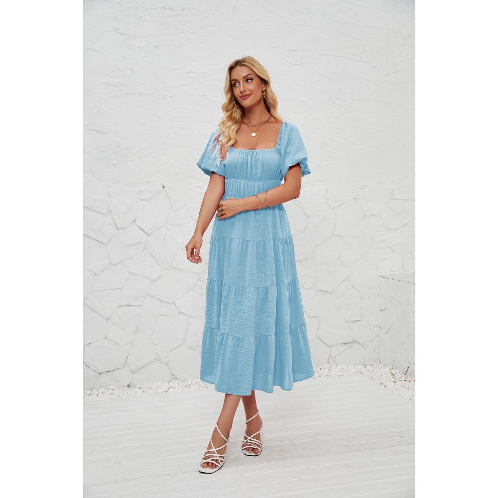 Neformální letní maxi šaty s čtvercovým výstřihem, nabíranými rukávy, vysokým pasem, plisovanou splývavou áčkovou sukní