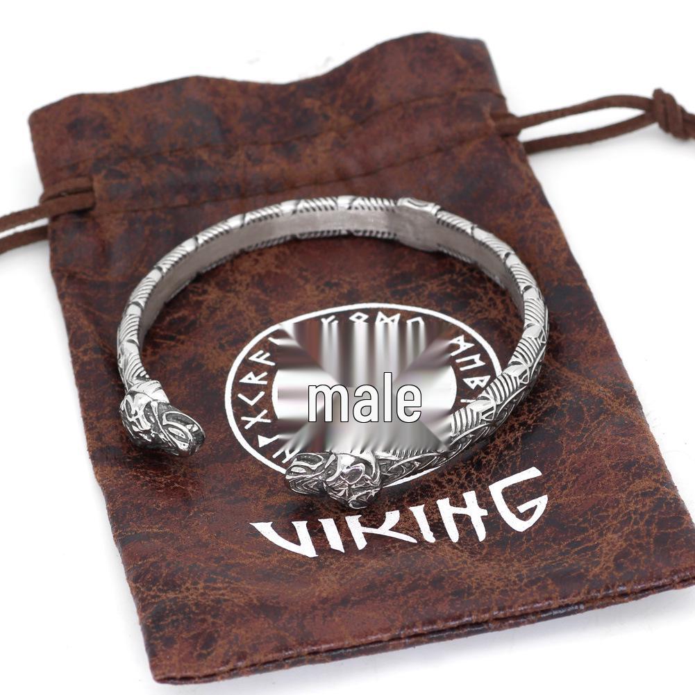 Stainless Steel Adjustable Viking Wolf Head Rune Men's Bracelet